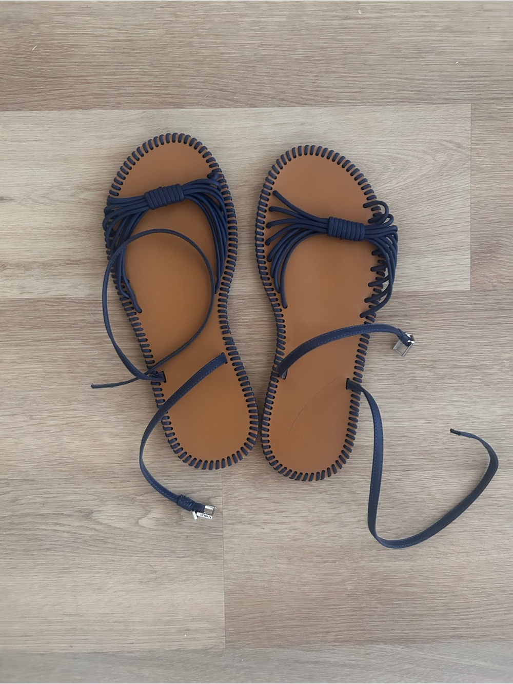 Schutz Lyra Flat Navy Leather Lace-Up Sandals 9.5